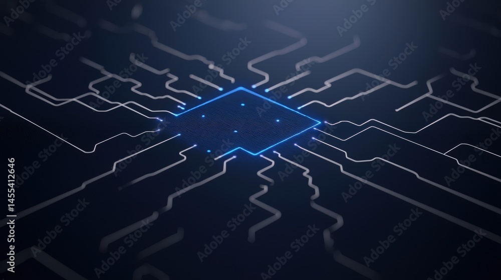 Poster a glowing microchip at the center of a digital circuit board, symbolizing advanced technology and co