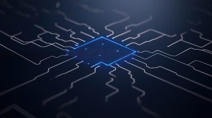 Obraz premium A glowing microchip at the center of a digital circuit board, symbolizing advanced technology and connectivity.