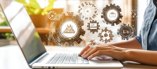 Working on laptop digital gears and data visualization