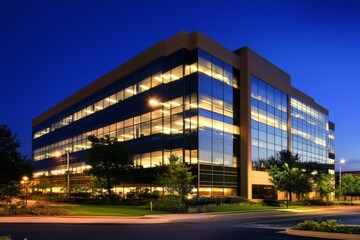 Fototapeta premium Modern glass office building illuminated at dusk with reflective windows and landscaped surroundings