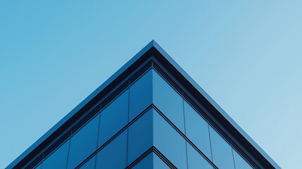 Obraz premium A modern glass building corner with blue sky background captured from a low-angle perspective.