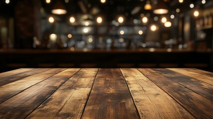 Rustic wooden tabletop against a blurred bar interior.