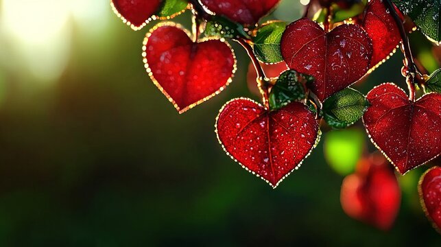 Heart-shaped leaves, glistening with dew drops.