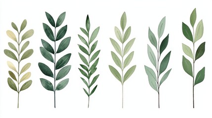 Fototapeta premium Six illustrated green leafy branches, each with unique shapes and subtle color variations, arranged in a row on a white background.