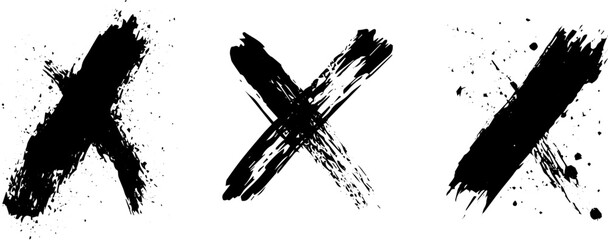 Grunge Brush Stroke X Mark Set, Abstract Cross Symbols with Ink Splatter Texture