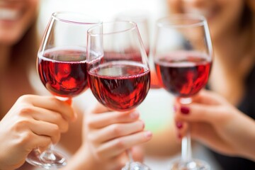 Wine glasses clinking in a joyful toast among friends, celebrating a happy moment with red wine and cheerful smiles