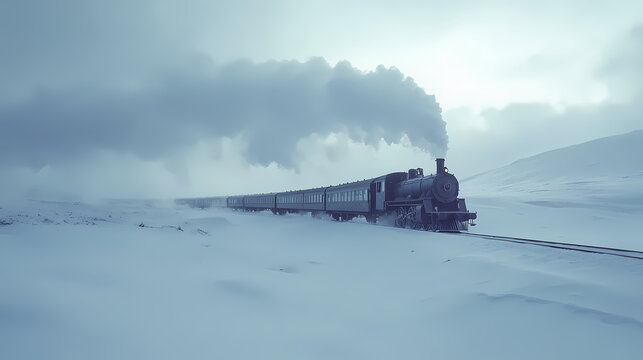 Train moving through a snowy landscape, steam rising into the cold air, cinematic. [Gilded Mechanica] | Steam Roses | vapor elegance. Illustration