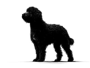 A majestic black Goldendoodle dog stands proudly against a stark white background showcasing its elegant silhouette in profile view.