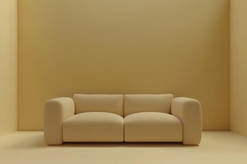 A minimalist beige couch in a pastel yellow room.