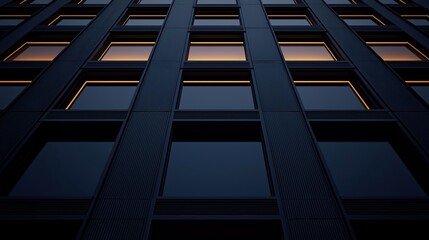 Obraz premium A modern building facade with reflective windows photographed from a low angle at dusk, showcasing geometric lines and symmetry.