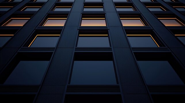 A modern building facade with reflective windows photographed from a low angle at dusk, showcasing geometric lines and symmetry.