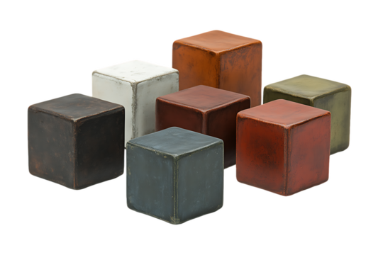 Geometric array of weathered, textured cubes in earth tones against a white background.