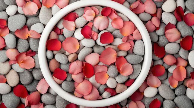 Pink and red rose petals scattered on smooth gray pebbles, framed partially by a white circular ring.