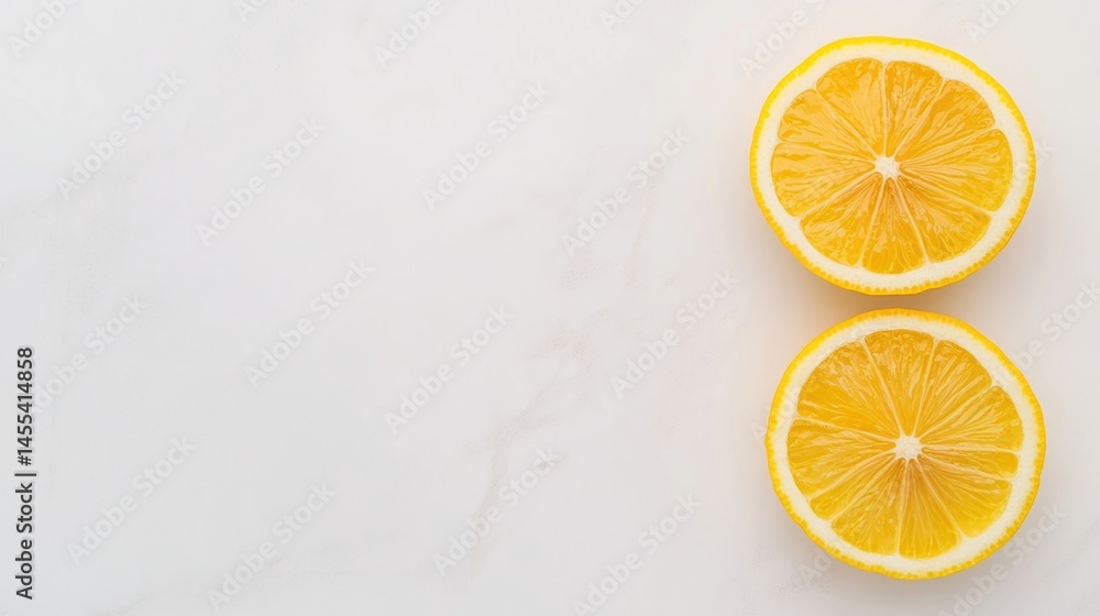 Poster two lemon halves placed on a white marble background with empty space on the left.