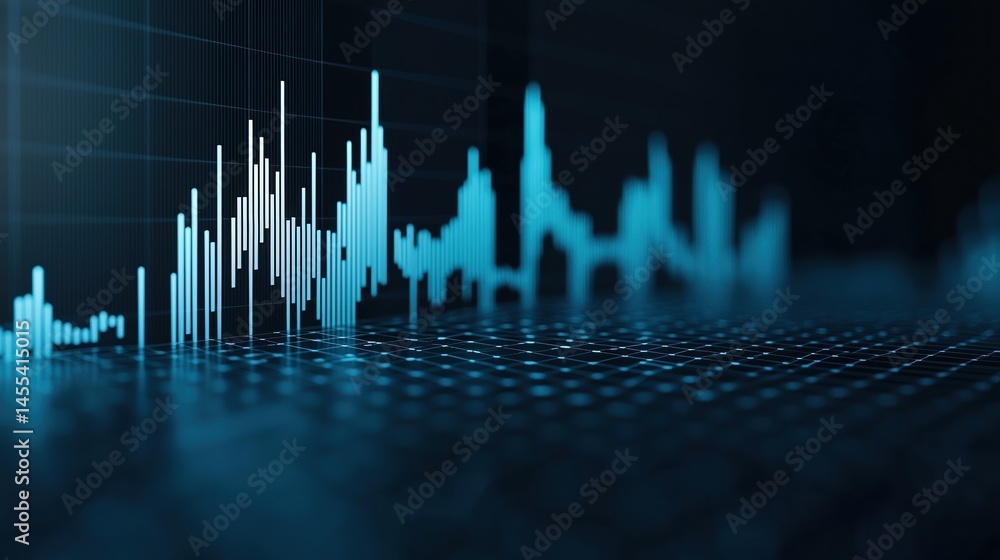 Poster digital blue soundwave graph visualized on a dark grid background, representing data analysis or aud