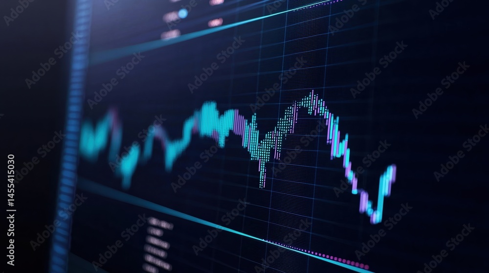Poster digital graph displaying financial market data with fluctuating price trends on a dark screen.