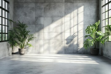 Empty industrial space with sunlight and plants.