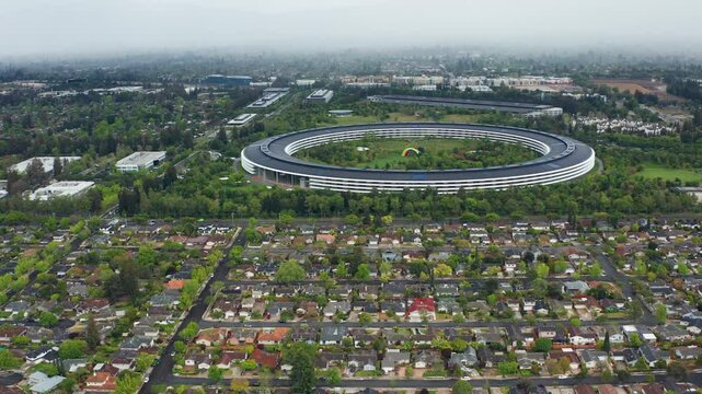 Aerial drone shot view of Cupertino San Jose Bay Area residential suburb town 12