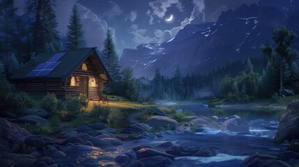 Serene Mountain Cabin Under Starry Sky and Reflection on Water