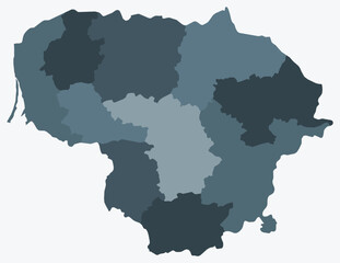 Map of Lithuania with regions. Just a simple country border map with region division. Blue grey color palette. Plain Lithuania shape with administrative division. Vector illustration.