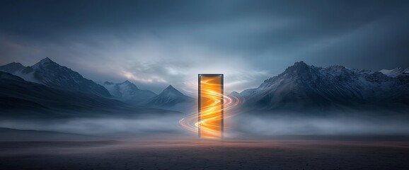 Mysterious portal in a misty mountain landscape