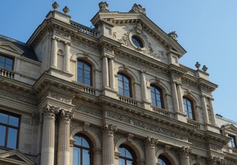 Fototapeta premium Ornate facade of a classical building with windows and architectural details