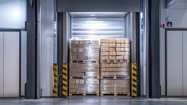Freight elevator in use with pallets and goods inside.