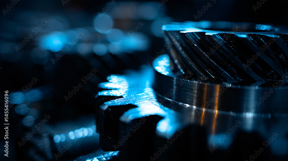 Poster close up of interlocking gears with blue highlights, emphasizing mechanical preciseness in a modern 