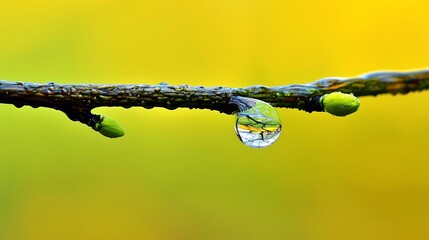 Captivating macro shot of a water droplet clinging to a branch with new buds