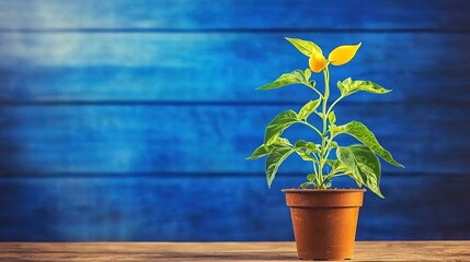Small yellow pepper plant in terracotta pot against blue wood.