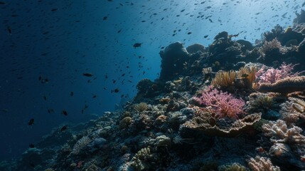 Obraz premium Subaquatic coral reef scene with sunlight penetration.