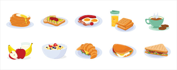 Breakfast Foods Vector Set with Pancakes, Croissants, and Juice. Various Breakfast Illustration