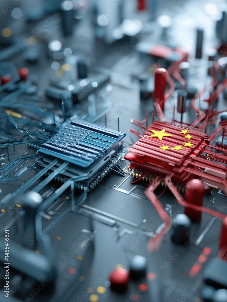 Poster hyperrealistic 3d render of us and china chip confrontation on a digital battlefield with intricate 