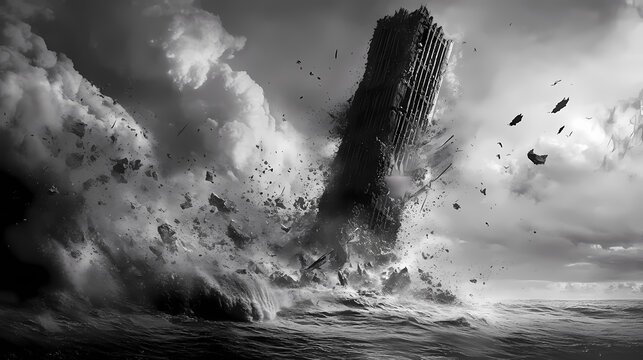 Stormy ocean; crumbling tower; dramatic destruction. [Hollow Monoliths] | Crumbling Towers | collapse skyward. Illustration