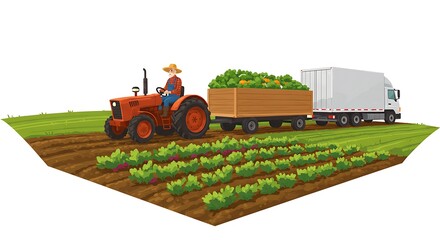 Obraz premium Farmer Driving Tractor on Farm Harvesting Crops in Field