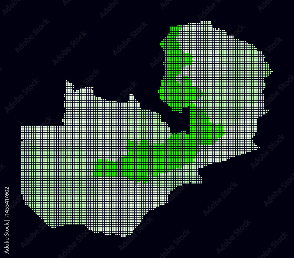 Poster zambia dotted map. digital style map of the country on dark background. zambia shape with square dot