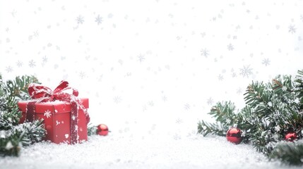 A festive scene with a holiday gift and snowflakes on a white backdrop