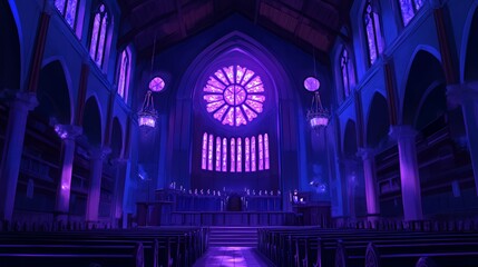 Naklejka premium Majestic interior of a Gothic church illuminated in purple hues.