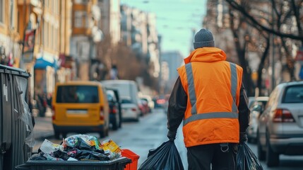 Obraz premium A garbage worker in an orange vest, collecting trash on a city street.