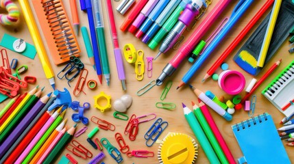 Colorful Stationery Collection on a Wooden Table with Office Supplies