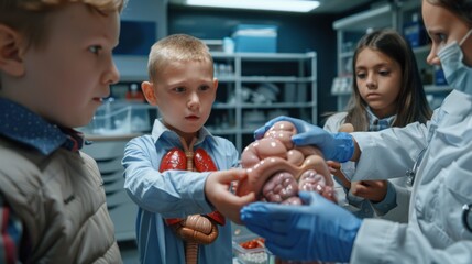 Children Engaged in Anatomy Lesson with Medical Instructor in Lab