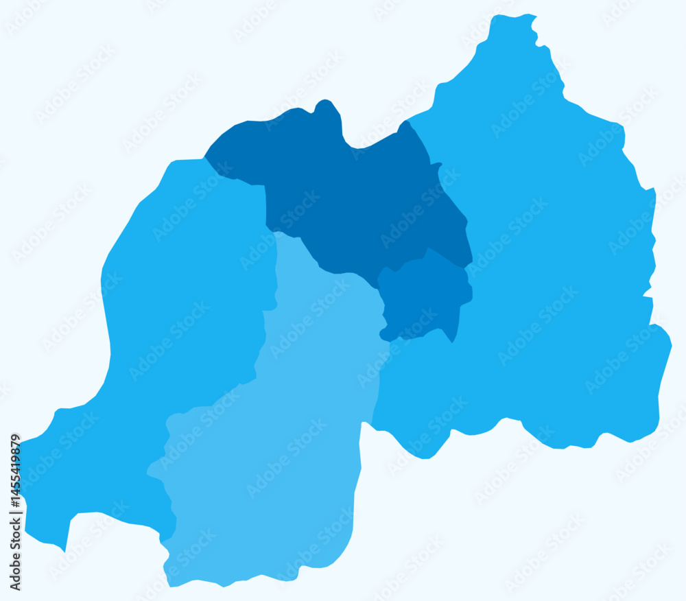 Poster map of rwanda with regions. just a simple country border map with region division. light blue color 