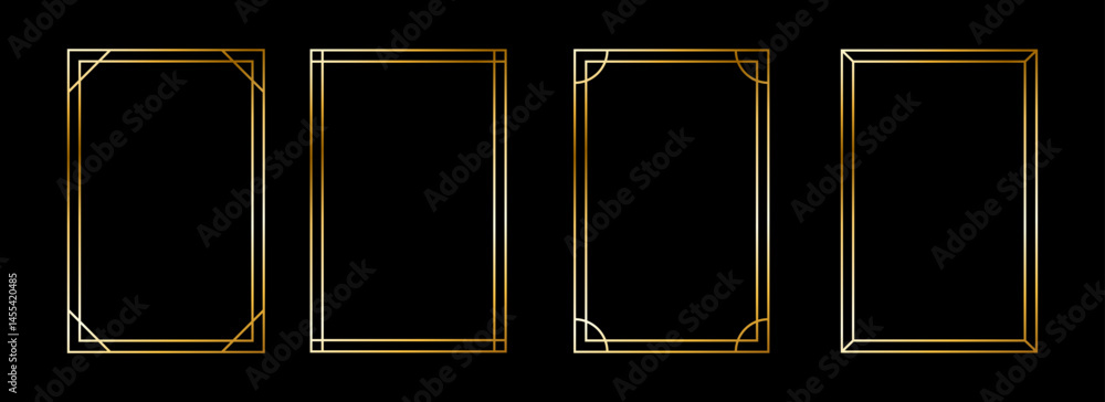 Poster thin metallic rectangle frame set. shiny gold foil border collection. golden glowing geometric board