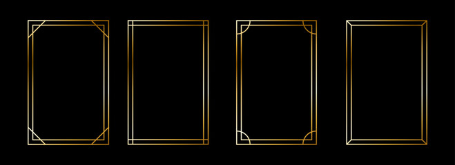 Thin metallic rectangle frame set. Shiny gold foil border collection. Golden glowing geometric boarder bundle in art deco style. Rectangular element pack for photo, cadre, card, emblem. Vector