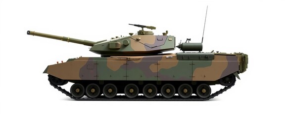 Powerful military tank, side profile, isolated on white background, power, weapon