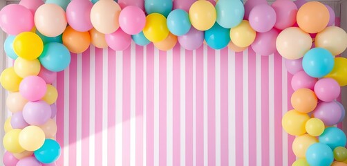 Pastel balloon arch, striped backdrop, party decor, graphic, sweet