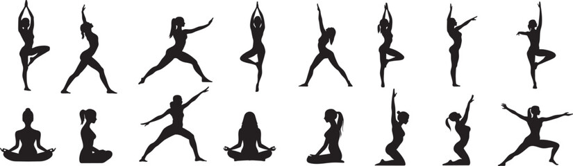 ヨガやフィットネスをする女性のシルエットセット
