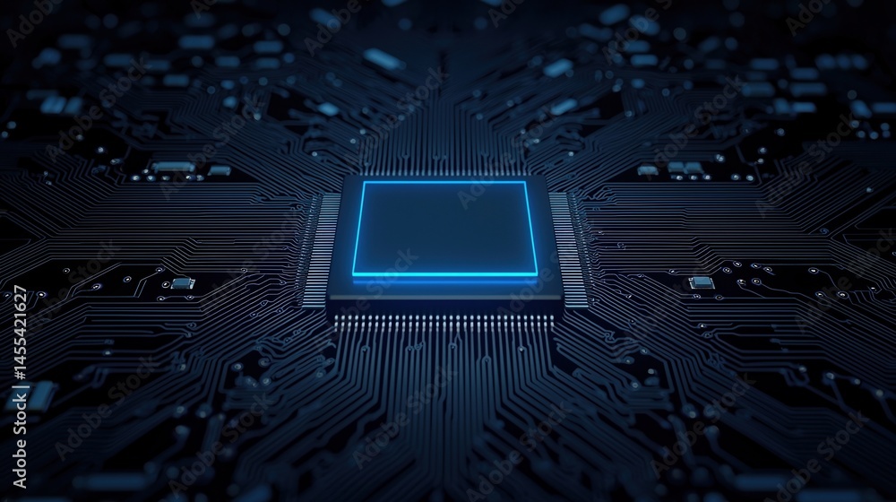 Poster a glowing microchip sits at the center of a dark, intricate circuit board, representing advanced tec