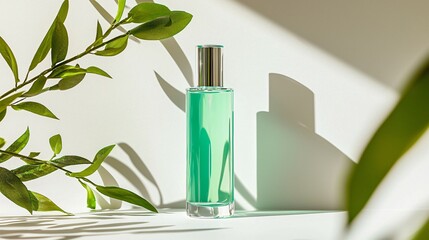 High-end skincare bottle with frosted glass texture placed on pure white background, surrounded by soft natural shadows, minimalistic layout, clean product focus, bright lighting, no people