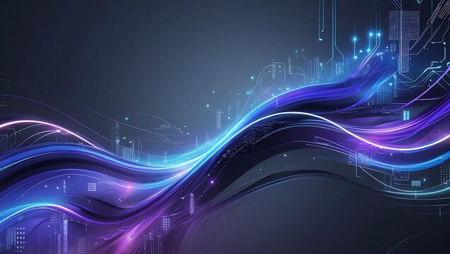 Futuristic Blue and Purple Abstract Technology Background with Neon Waves and Digital Design Curves for Modern High-Tech Graphic Innovation